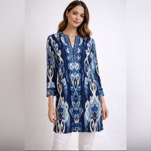 Bella Tu Ikat Tunic Dress | Blue Ikat Print | Sequin Detail | 100% Cotton | XL